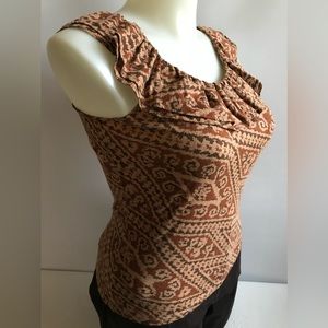 Ralph Lauren Knit Top P/L Ruffle Neck Brown Rust Tan Ikat Print Southwest Tribal